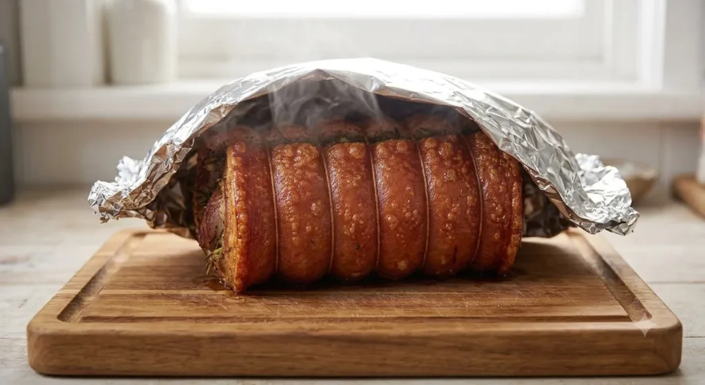 Porchetta resting before slicing