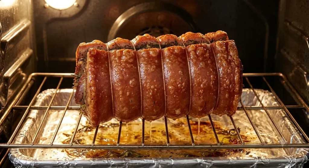 Porchetta roasting with golden crackling forming