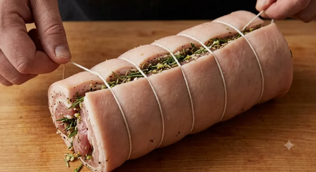 Rolling and tying porchetta with kitchen twine