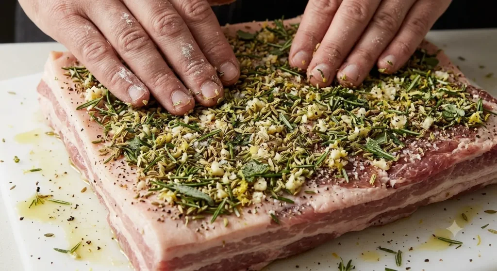 Seasoning porchetta with garlic and herbs