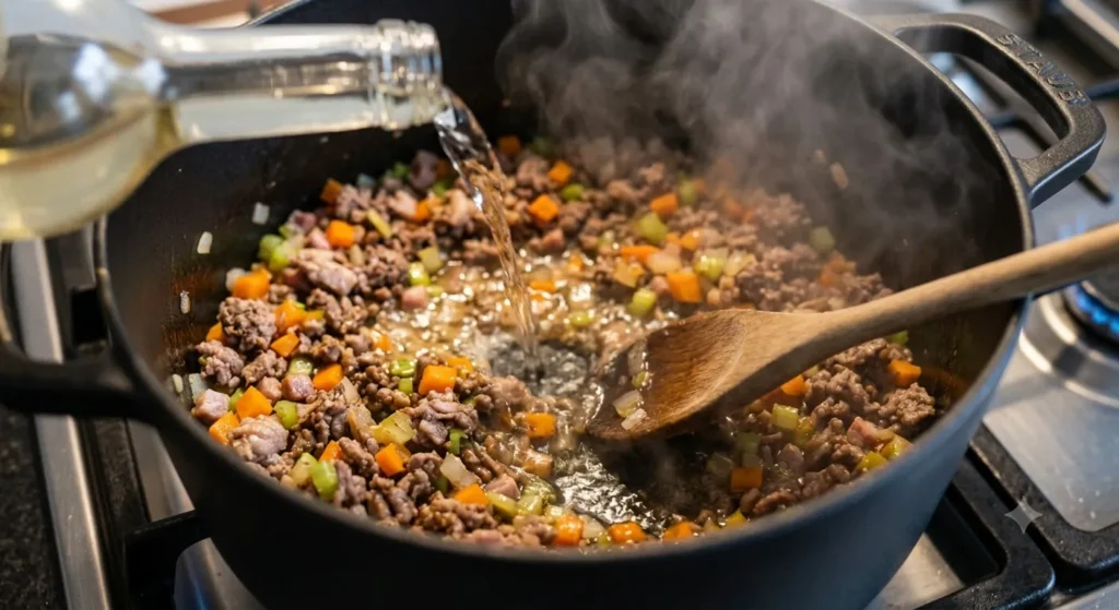 Deglazing the pot with wine for Spaghetti Bolognese