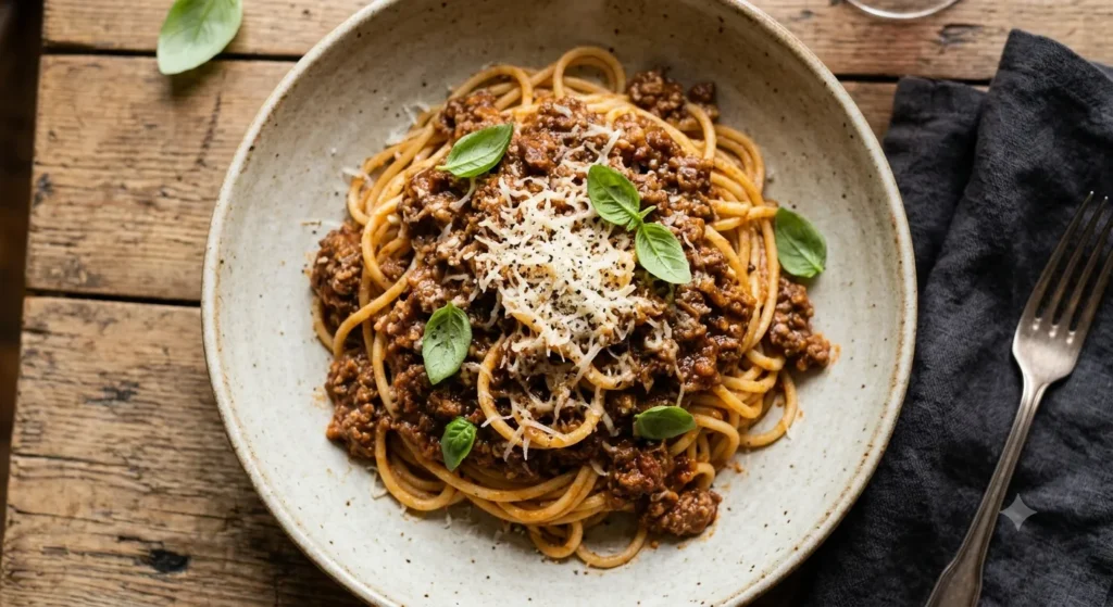 Plated Spaghetti Bolognese with Parmesan
