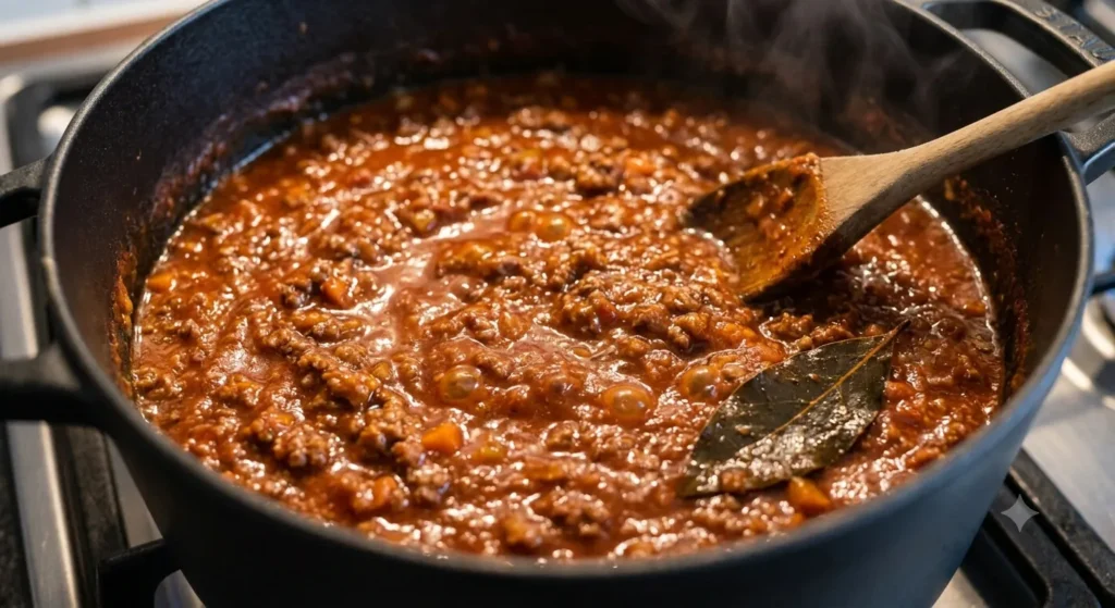 Spaghetti Bolognese sauce simmering slowly
