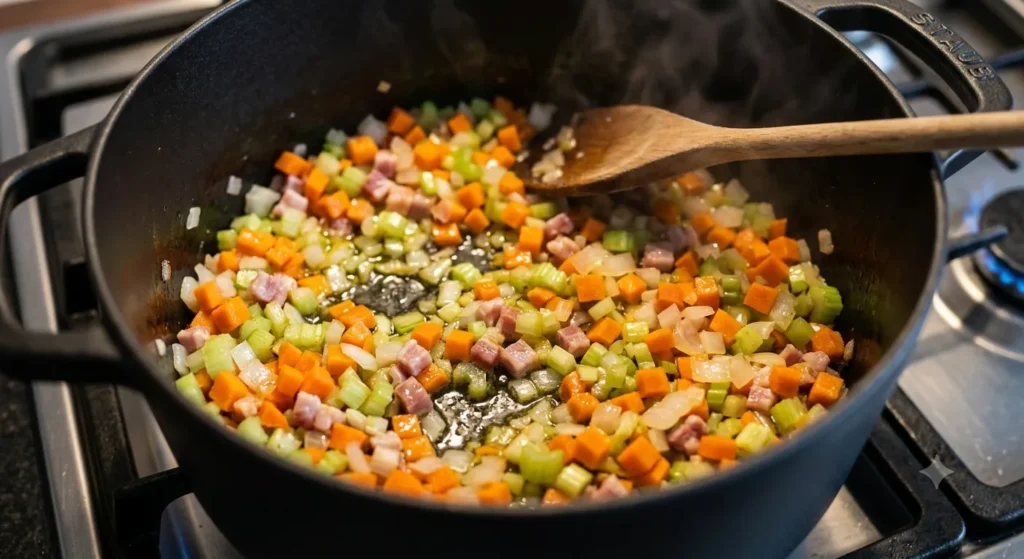 Cooking soffritto for Spaghetti Bolognese sauce