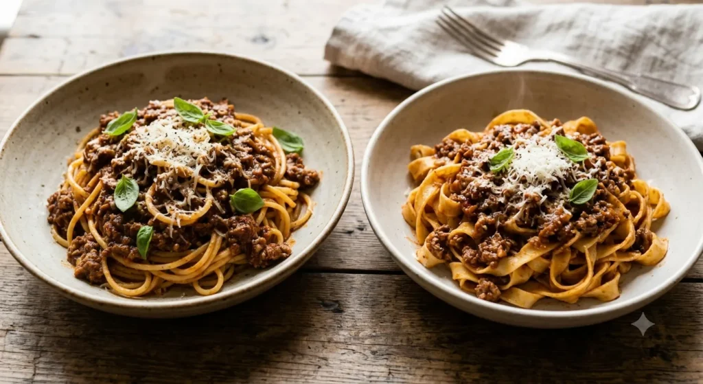 Spaghetti Bolognese and tagliatelle Bolognese side by side