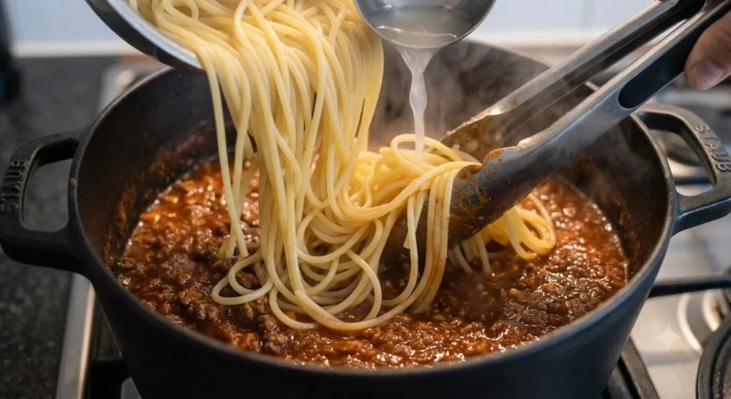 Tossing spaghetti in rich Bolognese sauce