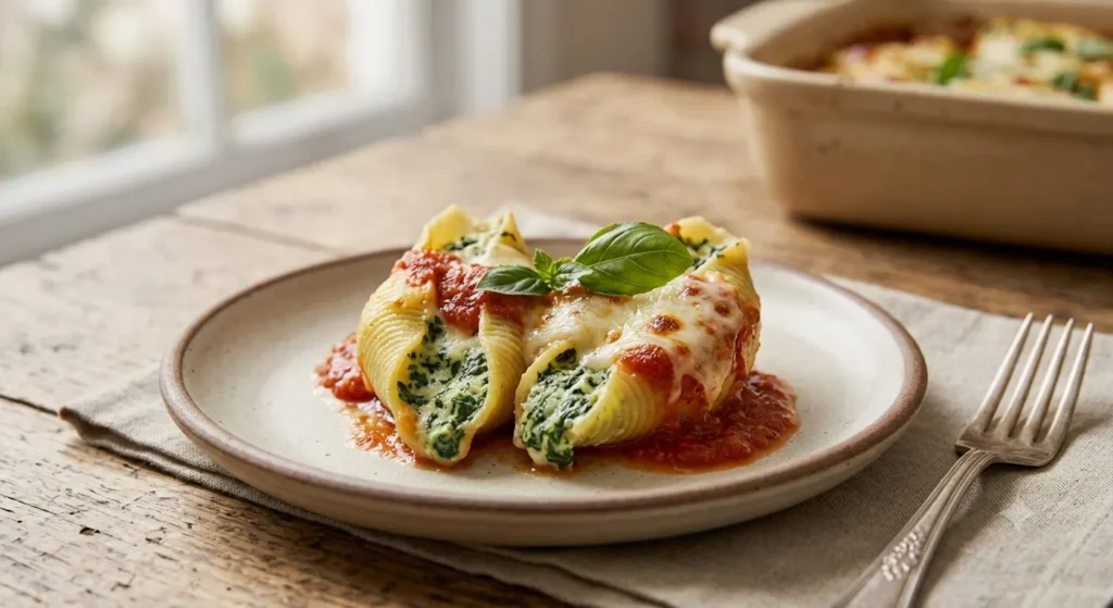 Plated serving of Spinach Ricotta Stuffed Shells