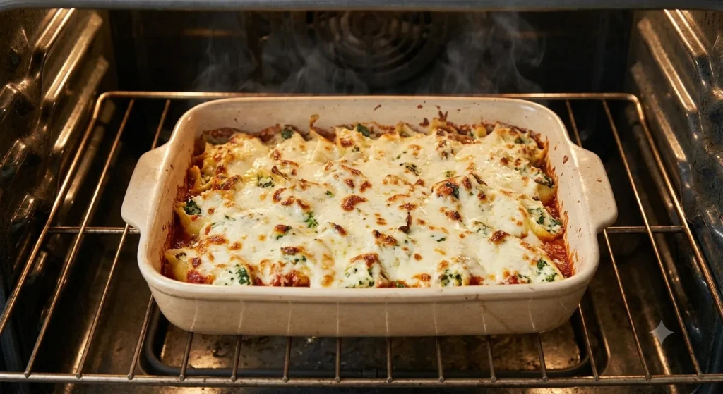 Assembling stuffed shells in a baking dish before baking