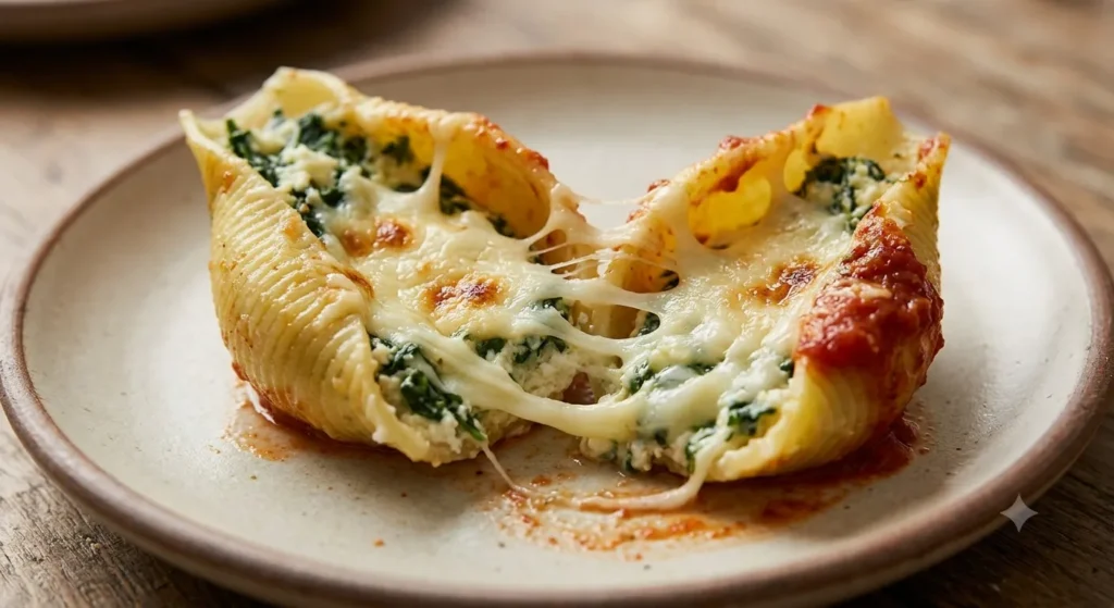 Spinach Ricotta Stuffed Shells baking with bubbling cheese