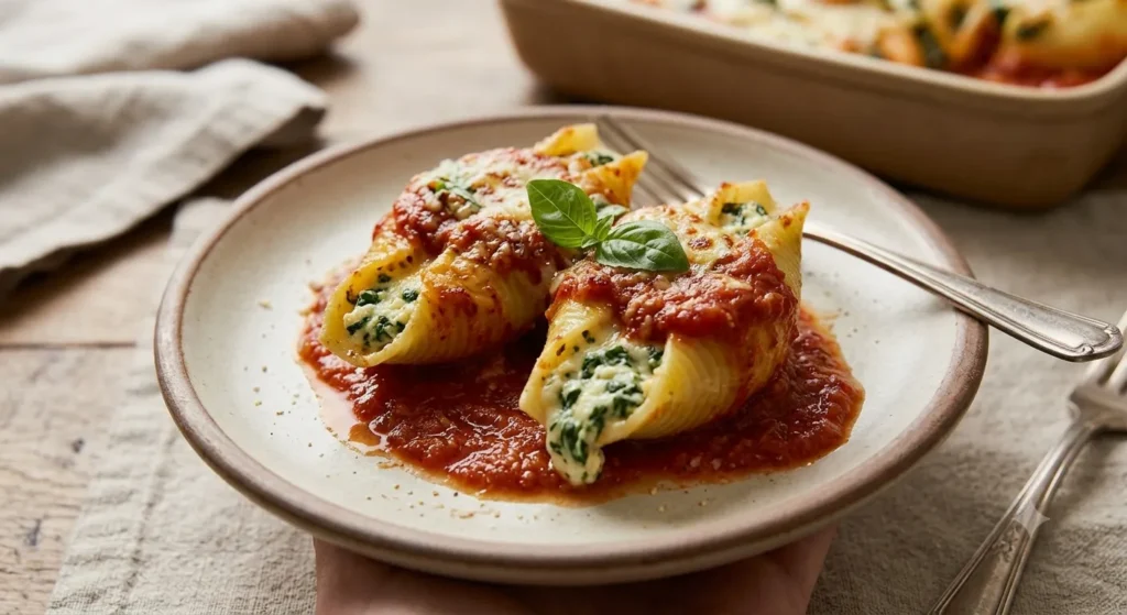 Four cheese variation of Spinach Ricotta Stuffed Shells" A close-up of a stuffed shell pulled apart, revealing melted strands of four different cheeses mixed into the creamy ricotta filling.