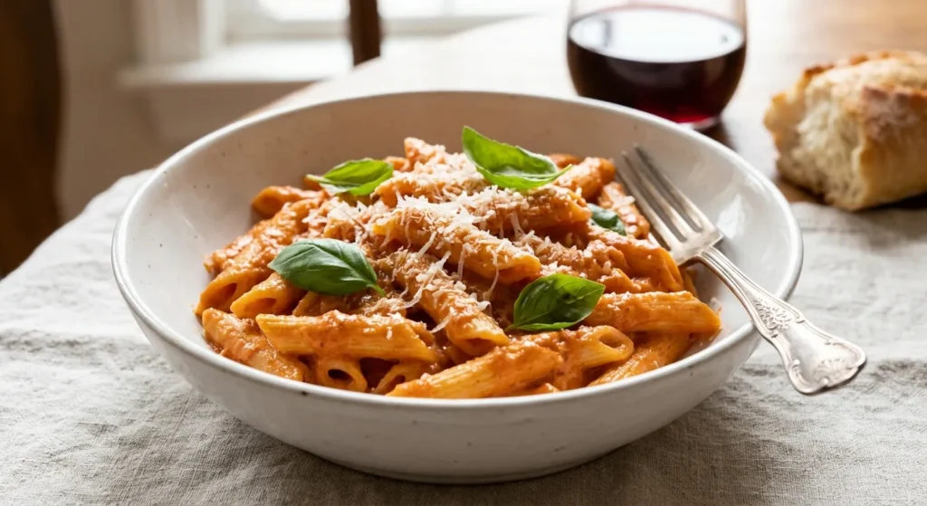 Creamy Vodka Pasta with Parmesan and basil