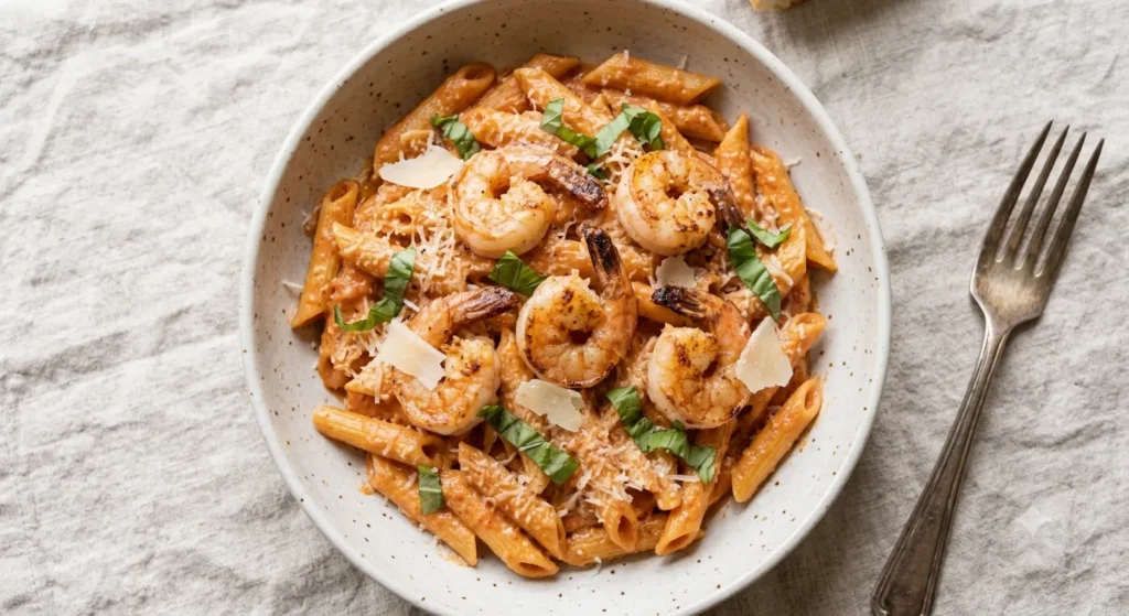Plated serving of Vodka Pasta with Parmesan